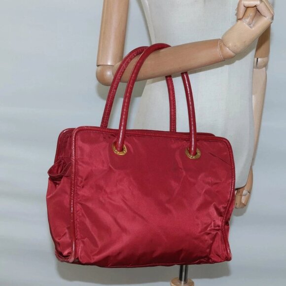 CELINE Hand Bag Nylon Red Gold Auth - Picture 1 of 16